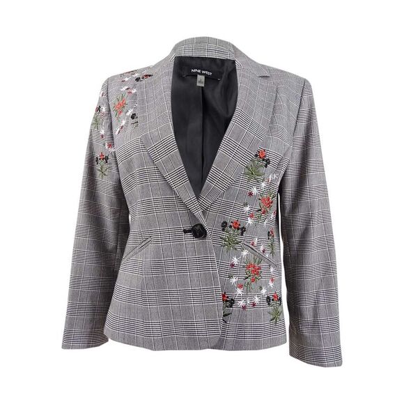 Nine West Women's Embroidered Plaid Blazer - Black Multi - Picture 1 of 2